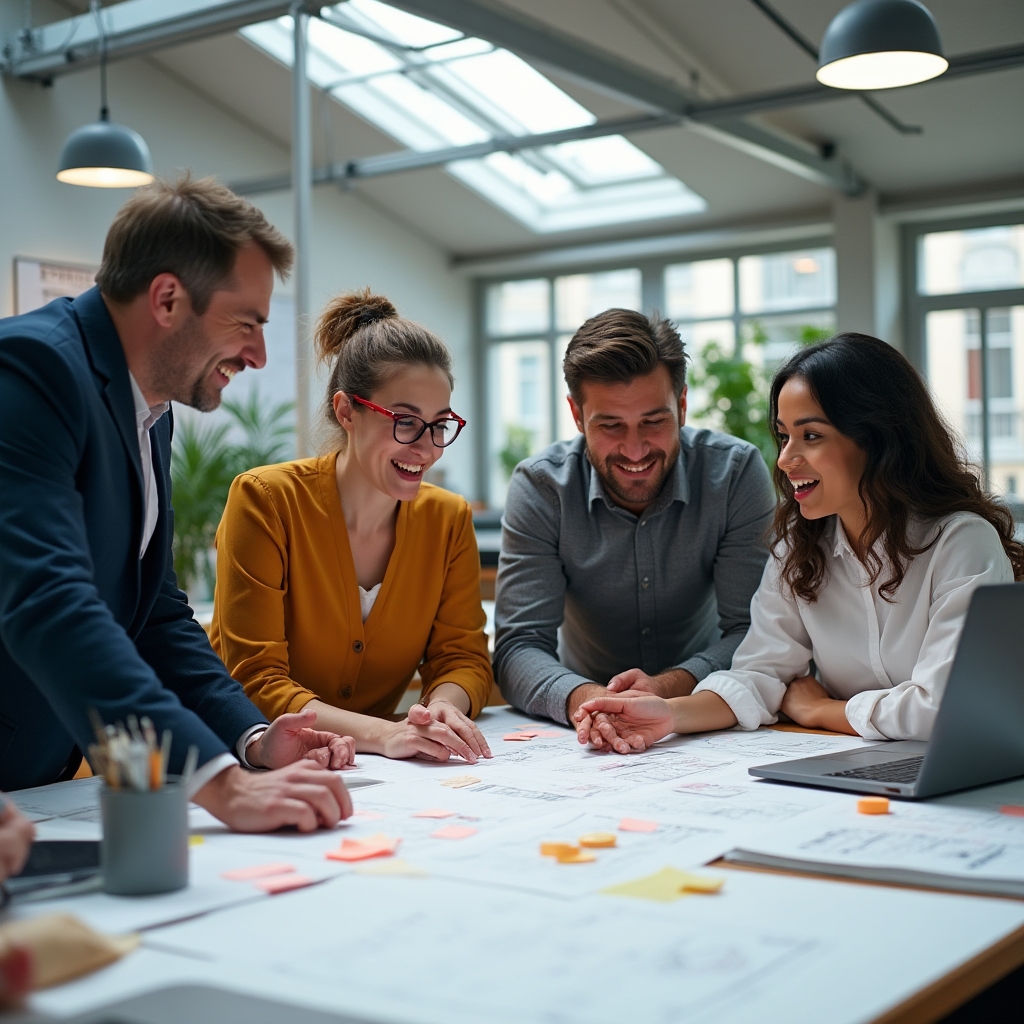 Team multidisciplinare in sessione di sviluppo prodotto collaborativo