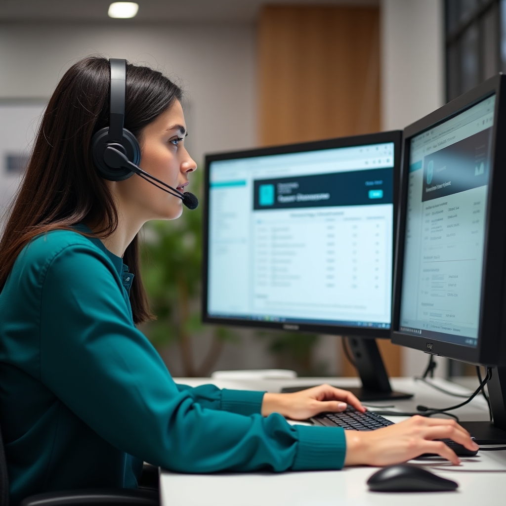 Tecnico di supporto al lavoro su schermo con interfaccia software